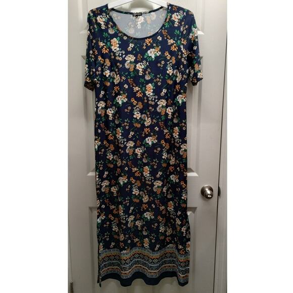 Sami & Jo Size XL Navy Blue Floral Boho Trim Short Sleeve Stretch Maxi Dress - Picture 1 of 6